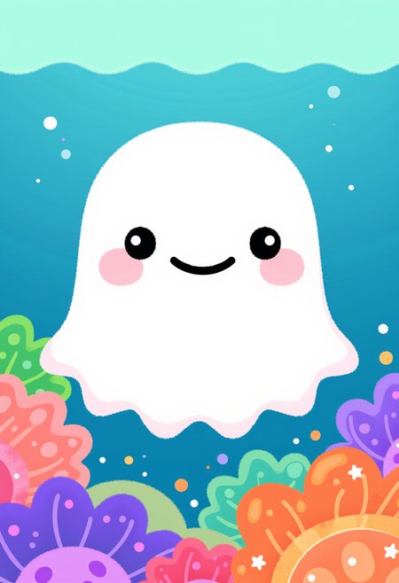 pikaole of a jellyfish wearing a simple ghost costume made of a white sheet with cute simple eyes and smile drawn on top, in the ocean, colorful coral reef in the background, blue ocean above underwater