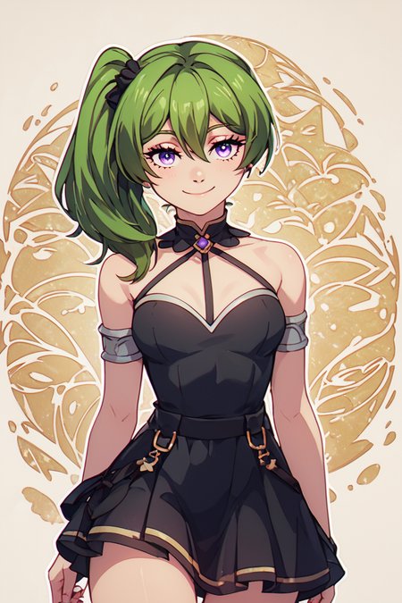 score_9, score_8_up, score_8, medium breasts, (curvy), cute, eyelashes,       BREAK, , <lora:UbelSousounofrieren:0.8>, zzUbel, medium hair, hair between eyes, green hair, side ponytail, purple eyes, black dress, ,, BREAK, smile, looking at viewer,  abstract background, white outline, cowboy shot, embedding:zPDXL, Expressiveh, <lora:CatalystStylePDXL:0.6>,  <lora:SDXLFaeTastic2400:0.5>,  <lora:Expressive_H-000001:0.4>,