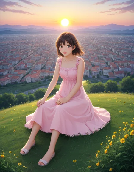 hand drawn anime, 1girl, sun dress, sitting on a hill overlooking the city, colorful, pastel colors, soft, dreamy, in the style of  <lora:IyashikeiXL:1> soft anime