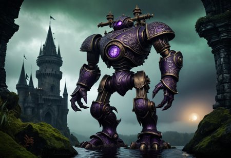 giant bipedal robot dirty dark purple and dark green, bronze paisley robot. lacy robot metal banded head. outside of a steampunk keep. large detailed torso. dark image. one forty foot tall ancient robot with great arms and two heavy spring legs. dark foggy night background. $dark foggy night image only. dark photo realistic image. steampunk details. cogs, chains and pipes incorporated in the fantasy buildings. magic wizards tower in background. Dark swamp, moss, castle ruins, wizards tower. stormy dark night.  stormy sky.
