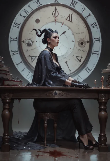 score_9, score_8_up, score_7_up,  realistic, side view, a beautiful dragon girl, full body, cosmic robe, (anthropomorphic:0.8), cosmic horror, black scales, small horns, straight horns, black makeup, leather gloves, detailed background, vintage style room, gothic, gothic palace, stone table, blood laboratory, magic spirit in the air, giant clock in the background  <lora:pony/twilight_style:0.8> <lora:pony/expressiveh:0.8> expressiveh