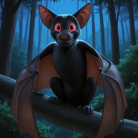 1boy, solo, Dracubat, male, bat (animal), red eyes, black fur, wings, feral

BREAK night, outside, forest, sitting on tree branch, looking at viewer, smile, calm

BREAK best quality, amazing quality, very aesthetic, absurdres, newest