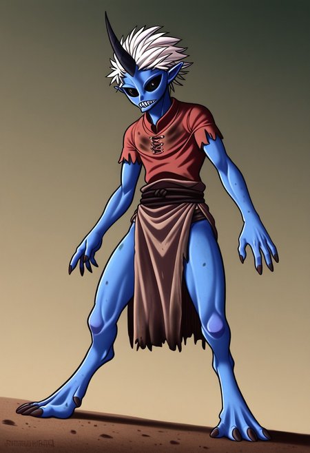 ((Alien humanoid)), solo, androgynous, aquatic features 
blue skin, ((webbed skin between fingers)),
((nostrils only, nostril slits, vertical nasal slits, narrow nostrils)):1.6, ((narrow eyes)), ((black sclera, black irises)), smooth skin,  pointy ears, small ears, tiny ears, holes in skin, forehead horn, short horn, veiny horn, ((single horn)):1.0, ((4 fingers)), fingernails, thin lips, ((white hair)), ((short hair, spiky hair)), sharp teeth, ((digitigrade legs)), bent legs,
full body shot
ragged clothes, muddy clothes, loincloth, tunic, dirty
Medieval style, fantasy style,
style: 4byss,
((Variety)):1.2
((dutch angle))
river background
fully clothed, loose clothing, clean lines, smooth colors, detailed fingers, sfw, source: semi-realistic, rating: pg, score: 8 up, score: 9