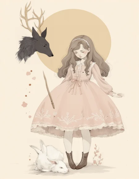 <lora:choffi:1>,This is a digital drawing in a soft, pastel color palette with a whimsical, fairy-tale aesthetic. The central figure is a young girl with long, wavy brown hair adorned with a white headband. She wears a large, pink dress with intricate lace patterns and a high collar, complete with puffed sleeves and a frilly hem. Her shoes are brown, lace-up boots. She stands on a beige, textured background, and her expression is calm and focused.
In front of her, on the ground, lies a white rabbit with long ears and a gentle demeanor. The rabbit's eyes are closed, and it appears to be sleeping. The girl is holding a magic wand, which she is using to cast a spell. Surrounding her are several small, dark, smoky orbs, indicating the magic she is casting. 
To the left of the girl, there is a large, dark silhouette of a deer with antlers, floating in the air. The deer's expression is somewhat mysterious, and it seems to be watching the girl intently. The background features a large, pale yellow circle that acts as a sun or moon, casting a soft glow over the scene. The overall style is reminiscent of vintage children's illustrations, with delicate lines and soft shading