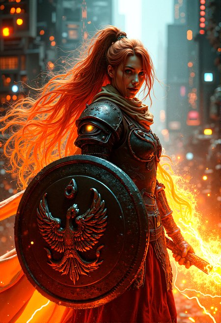 photorealistic image of a warrior with half cybernetic eyes with flames cascading from her armor, wearing extremely long scarf flowing around her neck, electrical discharge, equipping with large fiery shield with phoenix emblem and flaming weapon with lightning element imbued, standing at the center of a cyber nexus with glowing circuitry and digital interfaces, blending fantasy fire magic with high-tech environments, dynamic lighting with reflections on metallic surfaces, ultra-detailed textures, vibrant colors, next-gen graphics, high-definition, complex composition, cinematic




cinematic scene, cinematic lighting, intricate detail skin and facial texture, lifelike expression, accurate character design, dynamic pose, interesting and complex background details, complex dynamic pose, 

the woman characteristic are tall heightadult 35 years old, long fiery hair, long bangs, high ponytail, flaming scar on her face  



 














