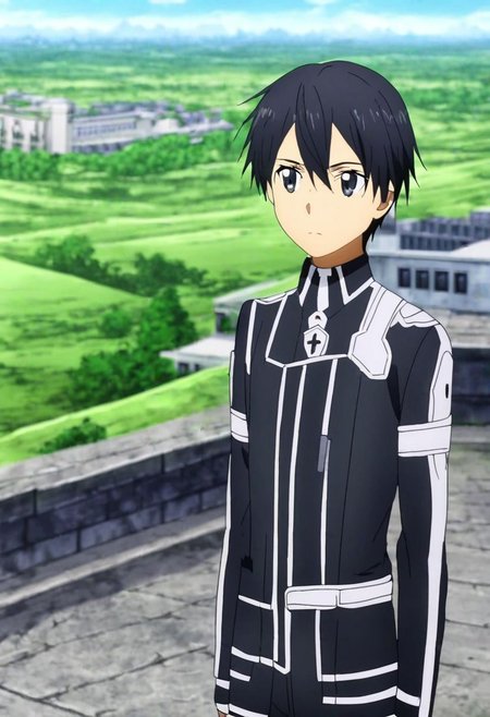 high resolution, solo, best quality, 1Boy, Kazuto Kirigaya, Black Hair, Black Eyes, high-rise, top of building, landscape, shallow depth of field, OverallDetail