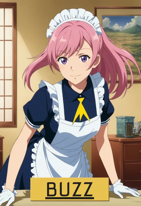 woman holding a sign with a  yellow_lightning_bolt symbol on it, woman, 1girl, solo, winking, leaning forward, pink_hair, purple_eyes, maid, anime screenshot, studio anime, coverart, poster, bedroom, milf, mature_female, hat, 
 <lora:add-detail-xl:0.8>