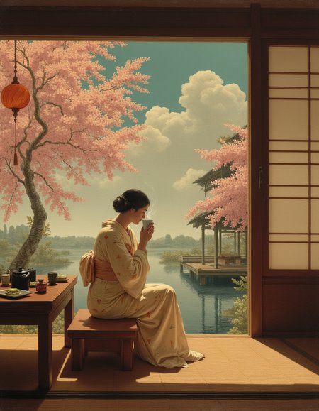 ,  <lora:Flux_-_Renaissance_art_style:1>
, an elegant aristocratic woman of the Meiji era (1800s) is depicted enjoying a serene tea ceremony within the refined interior of her luxurious Japanese home. She is seated gracefully on a tatami mat, her posture poised yet effortless, exuding an air of quiet sophistication. Her silk kimono, adorned with delicate golden embroidery of cranes and cherry blossoms, drapes elegantly around her, the fabric shimmering subtly under the soft glow of paper lanterns hanging from the wooden beams.
In her delicate hands, she holds a porcelain tea cup, steam curling gently from the surface of the finely brewed matcha, its deep green hue contrasting against the pale, translucent quality of the ceramic. A beautifully arranged lacquered tray beside her carries a traditional cast iron teapot, wagashi sweets, and a slender bamboo chasen whisk, each element meticulously placed as part of the refined tea ritual.
The room around her is a masterpiece of traditional Japanese architecture. Sliding shoji screens, framed with dark lacquered wood, allow the soft, golden afternoon light to filter through, casting gentle shadows that dance across the smooth tatami flooring. Behind her, a wide-open fusuma panel reveals a breathtaking view of a cherry blossom tree in full bloom, its delicate pink petals drifting lightly on the breeze, some landing gracefully on the polished wooden engawa (veranda). Beyond the tree, the faint silhouette of a tranquil koi pond and a meticulously raked Zen garden add to the sceneâs harmonious beauty.
As she lifts her tea cup to her lips, her expression is one of calm introspection, a fleeting moment of solitude in a world of quiet grandeur. The contrast between the ephemeral beauty of the cherry blossoms and the timeless elegance of her aristocratic status creates a poignant atmosphereâone that captures both the fleeting nature of time and the enduring grace of tradition.