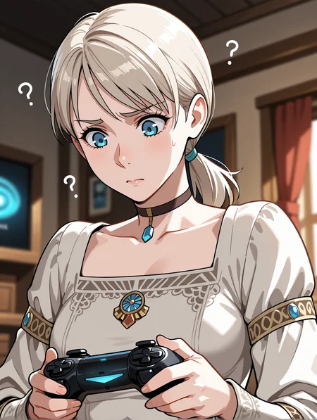 <lora:fiona-illustrious-000027:1> 1girl, solo, fiona belli, ponytail, choker, blouse, holding game controller, playstation controller, furrowed brow, confused, looking down, upper body, blurry background