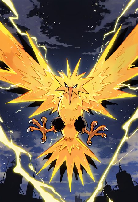 masterpiece, best quality,     zzZapdos,  Hovering above a neon-drenched cyberpunk city, zzZapdos glares down from the sky, her electric wings spreading wide like a living circuit. The black bodysuit she wears clings to her form, lined with glowing lightning motifs that pulse in sync with the thunder overhead. Her talons glow hot white, humming with stored power, while the clouds above churn with brewing chaos. Towers flicker in blue and magenta below, casting her in a kaleidoscope of color as she strikes a defiant pose midair, a living storm poised to crash down upon the cityâs darkest secrets.    ,,<lora:ZapdosPokedex_IXL_v1:1.0>,