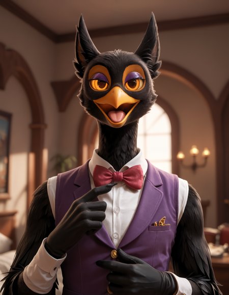 score_9, score_8_up, score_7_up, BREAK (anthro, furry:1.1), depth of field, cinematic lighting, masterpiece, detailed hands, detailed face, best quality, ultra realistic, 4k, 2k, film photography, RAW photo, photorealistic, analog style, subsurface scattering, photorealism, embedding:unaestheticXL_bp5, embedding:zPDXL,(best quality, high quality, 8K:1.5), <lora:add-detail-xl:2.5>, <lora:fix_hands.safetensors:2.0>, <lora:2.5DRealisticV2.safetensors:0.2>, <lora:sinfully_stylish_SDXL.safetensors:0.6>,  <lora:AdvancedEnhancerXLv2.safetensors:1.0>, (hi res), ((masterpiece)), ((best quality)), illustration, <lora:Barnaby (Billie Bust Up).safetensors:0.8>, barnaby, avian, ghost, owl, spirit, black body, yellow eyes, long neck, feathers, vest, digitigrade, bow tie, purple clothing, open mouth, orange tongue, black beak