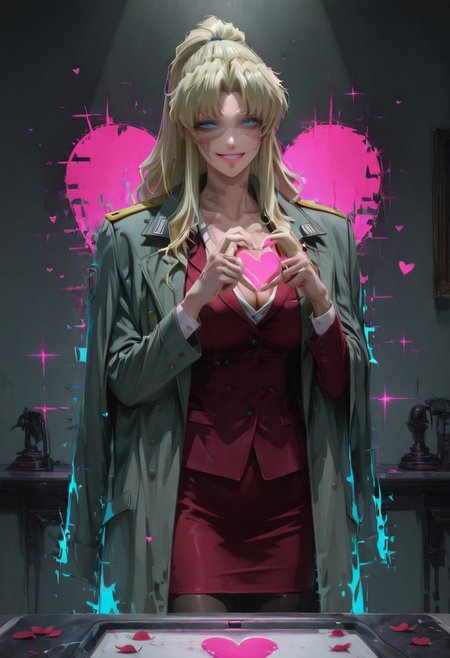 r17329_illu, xxx667_illu, glowing, glitch,
masterpiece, best quality, good quality, newest, highres, absurdres, volumetric lighting,gradient color, censored,<lora:add-detail-xl:1>,
BREAK
kftlove, heart, heart hands,
BREAK 
raytracing, volumetric lighting, ambient occlusion, girl, background, masterpiece, best quality, very awa, absurdres, neoexpressinoda,
BREAK
ambient occlusion, raytracing, soft lighting, blum effect, masterpiece, absolutely eye-catching, particles, glow, shining, military background, detailed face, detailed eyes, (beautiful face),  
BREAK
masterpiece,amazing quality,best quality,ultra-detailed,8K,illustration,CG,shiny hair,clear skin,ultra-detailed-eyes, detailed background,cute girl, eyelashes, love hotel, petals falling,
BREAK
(sexy, slutty, hot, aroused),
balalaika,blonde hair,ponytail,long hair,blue eyes, mole under eye, mole,scar,scar on face,scar across eye,burn scar,mature female, 1girl, low twintails,
cleavage,formal clothes,red skirt suit,red suit,red pencil skirt,pantyhose,gray green coat,gray green long coat,gray green military coat,military coat on shoulder,open coat,
BREAK, 
evil grin, crazy grin, close-up, hdr, no lineart,