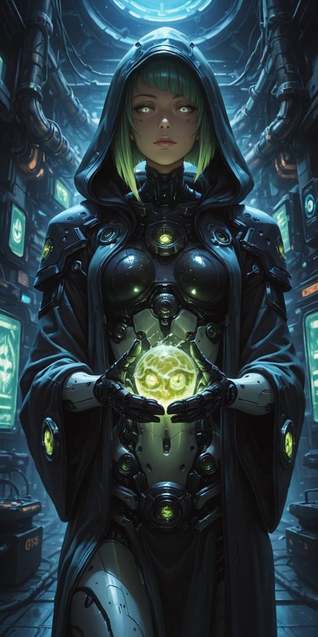 xuer guangying, masterpiece, best quality, amazing quality, very aesthetic,detailed eyes, perfect eyes, realistic eyes, BREAK, 1girl, splash art style, art by Luis Royo, solo, close up, cyberpunk style,lime green hair, short hair, asymmetrical bob, cyborg eyes, loose teared robe, hood, open robe, runic pattern, cold gaze, arrogance attitude, antihero ambience, antagonist appearance, cyborg hands, skinny, slim figure, slim waist, round breast, close up, look at viewer, warhammer influence, dark techno fantasy, <lora:LeagueOfLegendsIL:0.8> ,<lora:ç»ªå¿ åæ¶æå¾åå½±è´¨æå¢å¼ºV3:0.55>