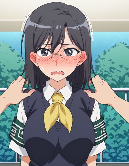 score_9, score_8_up, score_7_up, source_anime, <lora:mii-konori-s1-ponyxl-lora-nochekaiser:1>, mii konori, short hair, black hair, black eyes, glasses, hair between eyes, mature female, anime screencap,, skirt, school uniform, plaid skirt, armband, sweater vest, neckerchief, yellow neckerchief, green armband, pleated skirt,, river, flowing, fish, banks, current, , <lora:full-face-blush-ponyxl-lora-nochekaiser:1>, full-face blush, embarrassed, blush, sweat, ear blush, blush, wavy mouth, trembling, open mouth, <lora:hands-on-anothers-shoulders-ponyxl-lora-nochekaiser:1>, hands on another's shoulders, pov, pov hands, cowboy shot,, looking at viewer, solo,, dutch angle, cowboy shot