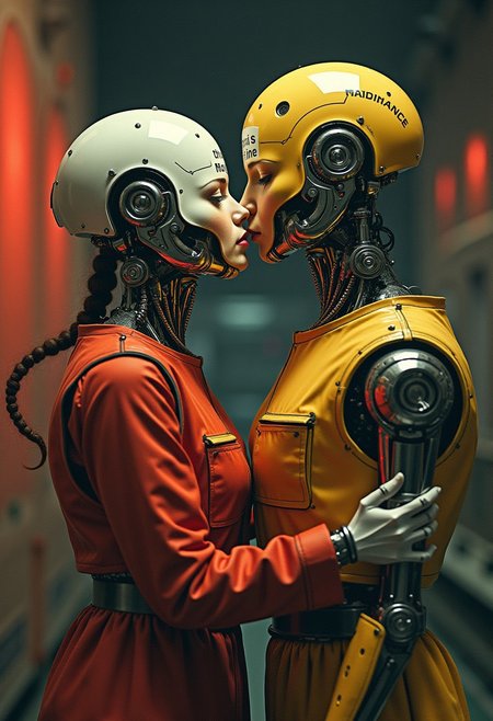 A retro-futurist with a female robot worker embracing and kissing a male robot worker  near a factory assembly line, 
• “At Palladian Micronics, We manufacture a variety of highly intricate mechanisms: robot brains, automatic translators, psychoeidetic analogues, and the like."