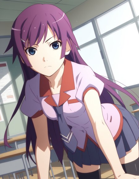 score_9, score_8_up, score_7_up, source_anime,
hitagisenjougahara, <lora:hitagi-senjougahara-anime-ponyxl-lora-nochekaiser:1>,
senjougahara hitagi, bangs, long hair, blue eyes, purple hair,
skirt, thighhighs, school uniform, necktie, black thighhighs, zettai ryouiki, naoetsu high school uniform,
indoors, classroom, bent over,
looking at viewer, cowboy shot, dutch angle,