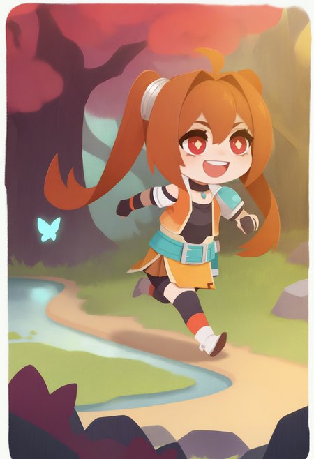 onmyojistyle, chibi, masterpiece, best quality, <break> white border, solo, 1girl, csestl, :d, upper teeth only, running, brown hair, very long hair, ahoge, twintails, red eyes, diamond-shaped pupils, single pauldron, choker, orange vest, short sleeves, black and white shirt, bare shoulder, miniskirt, green belt, black gloves, spandex shorts, black thighhighs, outdoors, grass, path, tree, butterfly, lake, rock
 <segment:yolo-Anzhc Face seg 640 v2 y8n.pt,0.4,0.5//cid=1>