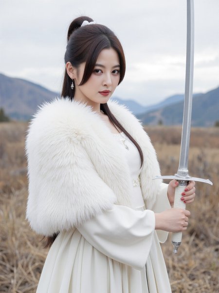 This is a high-resolution photograph featuring an Asian woman with fair skin and long, dark hair styled into a high ponytail, secured with a small white bow. She is dressed in a flowing white gown, and over her shoulders drapes a luxurious white fur cape that frames her neck and upper body with soft, voluminous texture.

In her right hand, she holds a long, slender sword with a white handle and a polished silver blade. Her grip is firm yet graceful, the blade angled slightly downward beside her. Her expression is calm and composed, her gaze directed steadily ahead. Natural daylight softens the contours of her face and highlights the fine details of the fur and fabric.

The background is gently blurred, suggesting a quiet natural landscape with muted tones of dry grass and distant mountains, under an overcast sky. The focus remains tightly on her upper figure and the poised elegance of her stance, creating a tranquil and powerful visual impression.