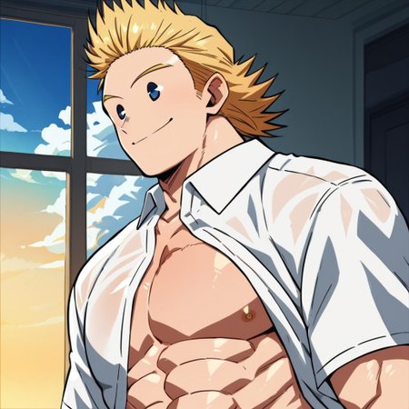 mirio togata, toned, smile, shirt, 1boy, white shirt, sky, cloud, window, collared shirt, indoors, upper body, male focus, muscular, abs, pectorals, muscular male, large pectorals
