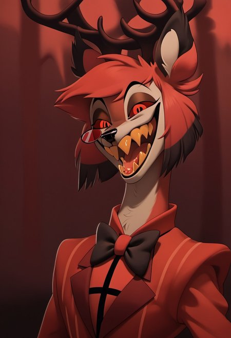 score_9, score_8_up, score_7_up, score_6_up, masterpiece, solo, ((detailed eyes, detailed face, detailed fur, 
BREAK
Great Prince of the Forest, GPotF, deer, buck, disney, antlers, red fur, beige markings, brown eyes, brown eyelids, brown eyeshadow, eyeliner, black eyebrows, anthropomorphic deer, furry, anthro deer, animal focus, alastor_hh, alastor \(hazbin hotel\), solo, red theme, 1boy, red eyes, bow, smile, looking at viewer, evil smile, grin, short hair, bowtie, horror, monocle (theme), sharp teeth, yellow teeth, laughing, open mouth
<lora:add-detail-xl:1.0>
