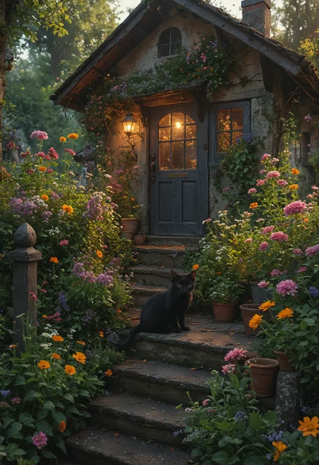 A quaint, mystical cottage in the woods, surrounded by a garden of magical herbs and flowers, with a tiny black kitten sleeping on the steps, on a warm evening , sharp image, extreme details, vibrant, 8k resolution <lora:add-detail-xl:0.5> <lora:MJ52:0.5>