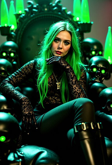 Photorealistic close-up of a gothic queen with long, flowing green hair, sitting on a throne made of black skulls with glowing green eyes, her expression calm yet commanding as she rests her hand on her chin.

Intricate lace patterns on her gloves and clothing catching the light, adding elegance and sophistication to her dark appearance. The skulls on the throne adorned with faint, glowing runes that pulse softly, suggesting ancient, arcane power. The sorceress’s hair slightly illuminated by the green glow, adding a soft, radiant halo effect around her head. The sorceress’s boots reflecting the green light, adding a touch of realism and highlighting the sleek design of her outfit. The background rendered in soft, shadowy tones that gradually fade into darkness, focusing the attention on the sorceress and her throne.

cinematic lighting, extremely intricate detail character, accurate depiction of character, correct body anatomy, correct hands and fingers, extremely intricate skin and facial skin texture detail, lifelike potrayal, extremely realistic lighting, extreme dynamic pose. Extremely sharp detail without blurring.










