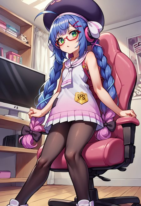 score_9, score_8_up, score_7_up, source_anime, BREAK
<lora:OtomachiUna_MMD_Pony_V1:0.85>Otomachi_Una, green eyes, gradient hair, blue hair, pink hair, very long hair, twin braids, black hair bow, hairclip, large ahoge, x hair ornament, sidelocks,
large hat,  purple hat, hat bow,
red-framed eyewear, under-rim eyewear,
short dress, sleeveless dress, frilled dress, randsare,
pantyhose, white footwear, shoes,
from below,, looking down,, upper body,,(ftame out hat),(sitting on a chair), @_@,name tag, Security buzzer,
Streamer room, gaming chair, gaming PC, game equipment, controller, TV monitor, PC monitor, headphones, headset, anime poster, game poster,