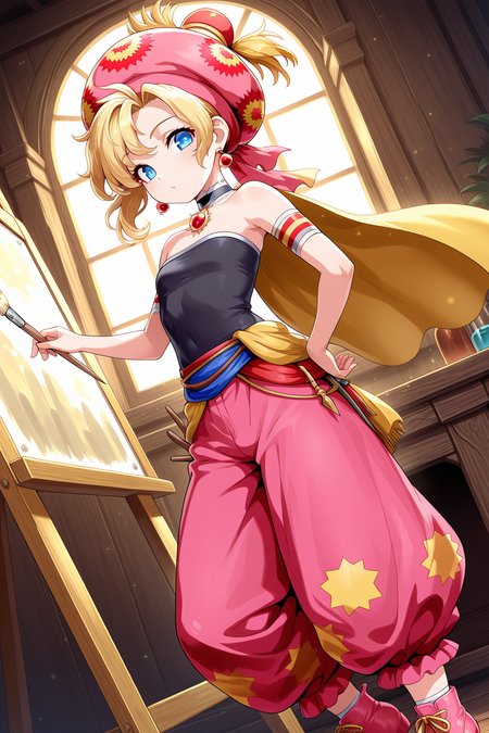 1girl, RelmArrownyFinalFantasy, 
general, solo, dynamic angle, upper body,
short hair, blonde hair, blue eyes,
hat, earrings,
choker, jewelry, cape, 
strapless,
armband, paintbrush,
baggy pants, puffy pants,
pink footwear, 
looking at viewer, holding paintbrush,
fantasy, indoors, easel,
<lora:kp_RelmArrownyFinalFantasyIllustrious_v1_0:1.0>,
masterpiece, best quality, amazing quality