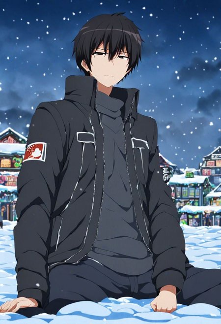 high resolution, solo, best quality, 1Boy, Kanie Seiya, Black Hair, chilling, snow town, winter jacket, OverallDetail