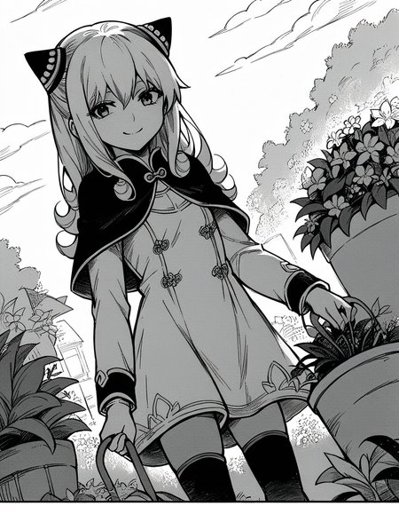 score_9, score_8_up, score_7_up, source_anime, <lora:ashe-talton-manga-ponyxl-lora-nochekaiser:1>, rengoku ashe, long hair, greyscale, monochrome,, thighhighs, long sleeves, capelet, cape, dress, white dress,, gardening, watering plants, backyard, flowers blooming, sunny day,, smile, looking at viewer, solo,, cowboy shot, dutch angle