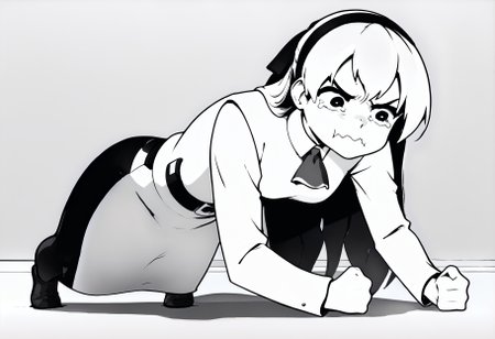 monochrome,
planking, exercise, clenched hands,aquacrying, wavy mouth, closed mouth, tearing up,
zeroElie, black hairband, hair ribbon, long hair, ascot, uniform, long red sleeves, white dress, pencil skirt, belt, black pantyhose,
,score_9,score_8_up,score_7_up, 
 <lora:Potat_dark_ink_v1_monochrome-RS24:1>  <lora:Planking_XLPD:1> <lora:elie-pdxl-nvwls-v1:0.8>  <lora:concept_aquacrying_ponyXL:0.8>