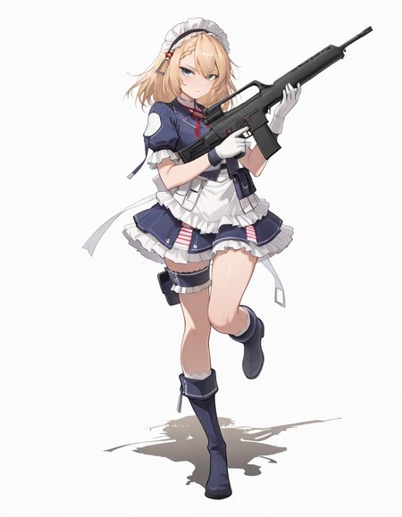 Volumetric Lighting, (masterpiece), (best quality), (ultra-detailed), masterpiece, source_anime, score_9, score_8_up, score_7_up BREAK, illustration, disheveled hair, detailed eyes, perfect composition, moist skin, intricate details, detailed eyes, detailed face, detailed fingers BREAK, G36,blonde hair, blue eyes, braided bangs, medium hair BREAK, Centauressi, ctr_dress, ctr_headdress, ctr_jacket, ctr_gloves, ctr_maid_apron, ctr_skirt, ctr_maid_headdress, ctr_boots, ctr_bridal_garter, ctr_pouch BREAK, looking at viewer, simple background, white background, full body, weapon, medium hair, holding weapon, gun, standing on one leg, holding gun, rifle, assault rifle, trigger discipline, explosive, magazine (weapon), grenade, heckler & koch,shadow