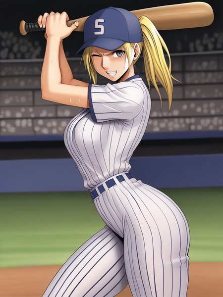 score_9, score_8_up, score_7_up,, 
girl holding a baseball bat, stadium, sweat, cap, baseball uniform, medium breasts, narrow waist, wide hips, thick thighs, looking at viewer, cowboy shot, dynamic pose, cute, wide shot, solo, sexually suggestive, light smile, one eye closed, angry, from side,
 <lora:ACrimsonComics_Style:1>, CrimsonXL