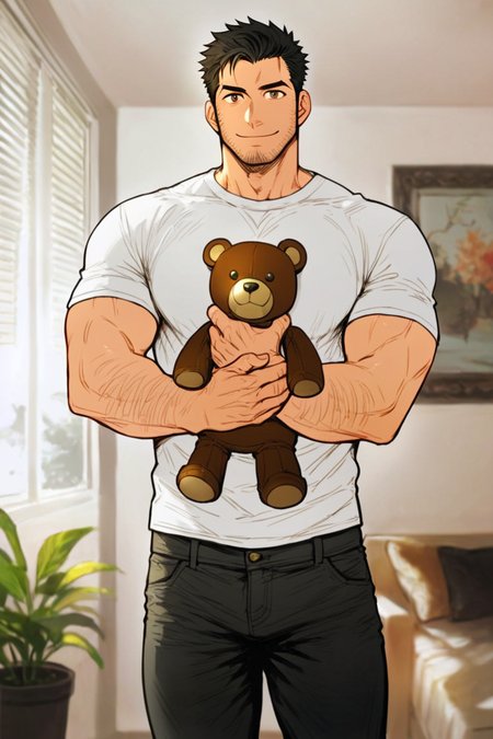 score_9, score_8_up, score_7_up, rating_safe, lineart, flat color, 1boy, bara, solo, male focus, mature male, short hair, black hair, brown eyes, facial hair, stubble, muscular, looking at viewer, cowboy shot, smile, standing, white t-shirt, black pants, teddy bear, stuffed toy, holding stuffed toy, hugging object, indoors, living room <lora:OIS Bara Style 6 LoRA_Pony XL v6:0.7>