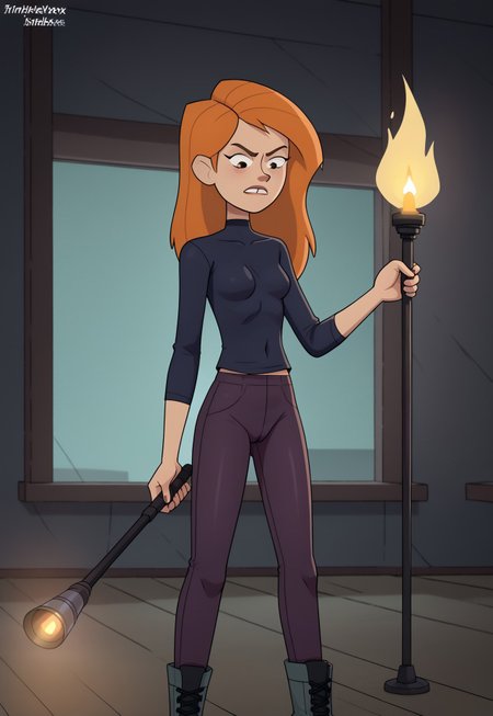 safe_pos, triplevexx, kim possible, black skintight shirt, cargo pants, dark room, holding torch, torch on, from slight angle, solo, slightly frightened,