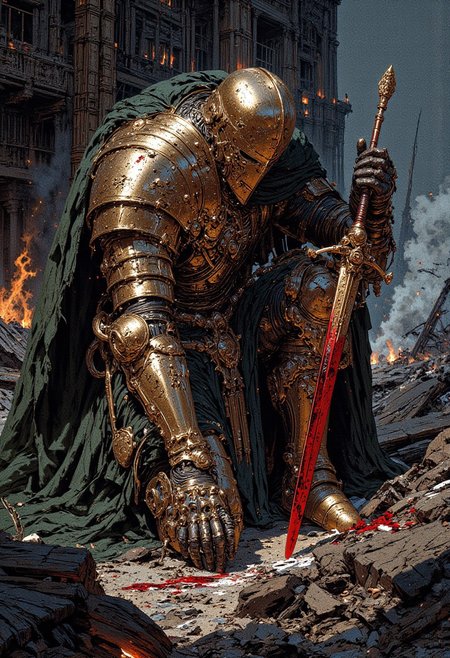 A battle-worn knight kneels amidst a chaotic battlefield, shattered debris and broken arrows strewn across the ground. One arrow is lodged deep in his back, blood slowly staining the edges of his armor. His dented, battle-scarred armor glints faintly under a dim, overcast sky. His head is bowed in exhaustion, hands gripping the hilt of his sword planted firmly in the ground, as if holding onto the last remnants of resolve. Smoke rises from the ruins around him, while faint embers dance in the background, emphasizing the desolation. Despite the pain and defeat, his posture remains one of unyielding strength, defiant in the face of certain loss.