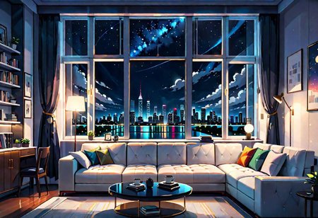 ((front view)), Shallow scene, ((animation style)), modern-style interior, with white walls, (large windows), a  study, Sofa, coffee table, bookcase, single wall, (gloomy room), Turn off the indoor lights , quiet and mysterious night sky, starry sky, city night view, (City high-rise building scenery), (City scenery outside the window)