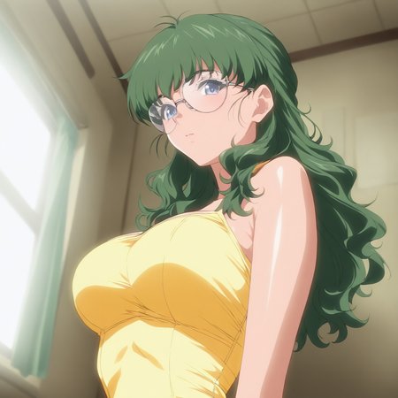 masterpiece,high score,great score,absurdres,1girl,solo,looking at viewer,yellow dress,<lora:Aoi_Akimoto ag4o v1:1> aoi_akimoto, green hair, long hair, blue eyes, glasses,