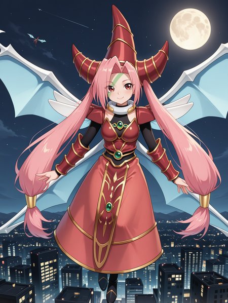 T.G. Wonder Magician,1girl,solo,twintails,smile,full moon,flying,full body,cityscape,flying,green facial mark,black bodystocking,dragon wings,gold hair tubes,red dress,red gauntlets,red wizard hat,black thigh boots,red shoulder armor,
masterpiece,best quality,amazing quality,very aesthetic,apussbsurdres,newest,<lora:T.G. Wonder Magician illuXL v1:0.75>,