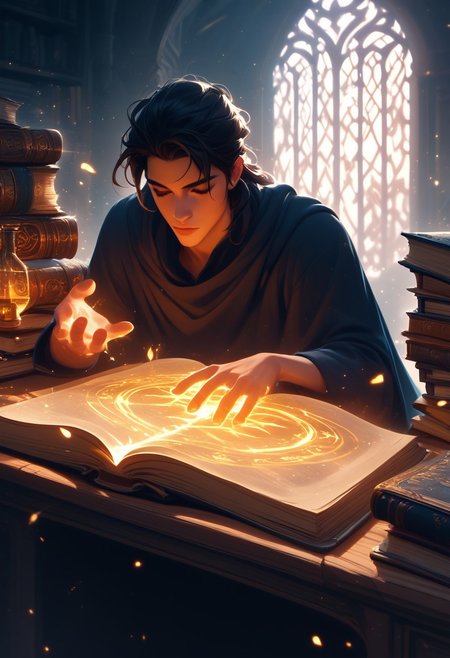 score_9,score_8_up,score_7_up, open magic book with glowing symbols on the pages, glowing runes, mage's desk, magic, glowing vortex runes spiraling out of the book, fantasy scene