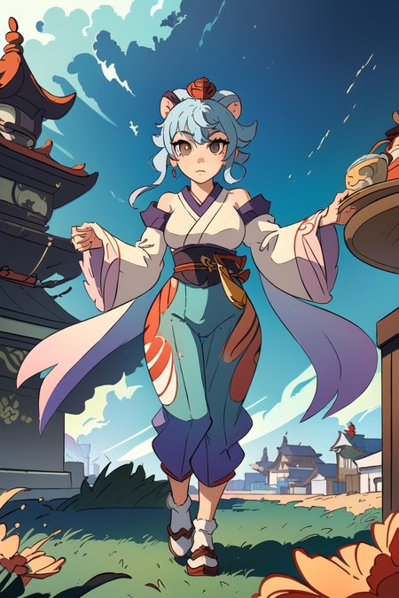 ((master piece)),best quality, (best quality, masterpiece1.2), (detailed eye:1.2), intricate detail, depth of field,  beautiful detailed sky, 1girl, ganyu \(genshin impact\), full body,  <lora:zGSGanyuV20Genshin_v10:1>