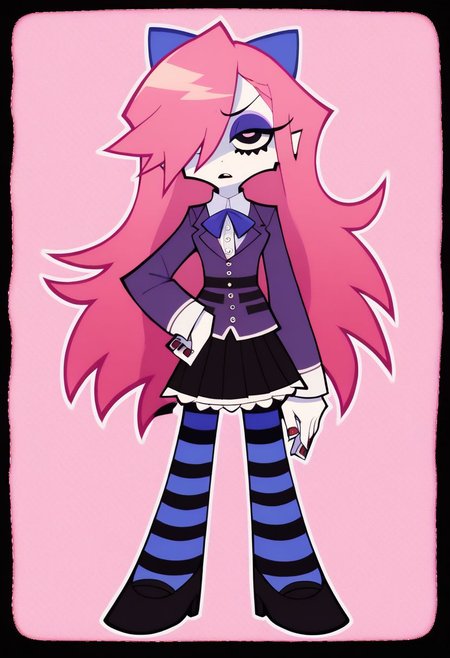 score_9, score_8_up, score_7_up, score_6_up, score_5_up, score_4_up,
BREAK
1girl, pale skin, pink hair, black eyes, hair covering left eye, long hair, straight hair, eyeshadow
BREAK
solo, standing, pose, skirt, frilly white shirt, purple jacket, black shoes, purple thigh highs, bows, purple garterbelt, one hand on hip, other arm at side
BREAK
white and pink heart pattern background, simple background, Panty & Stocking style, Thick lineart, sharp edges