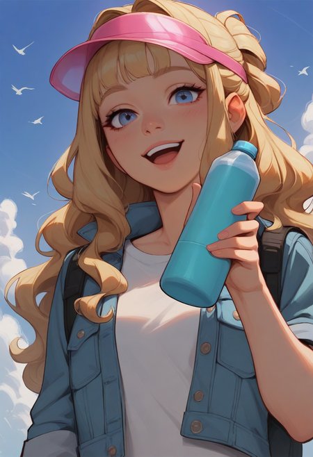 masterpiece, best quality, stylized, realistic, 1girl, solo, blonde hair, wavy hair, half updo, sidelocks, choppy bangs, blue eyes, smile, open mouth, looking at viewer, hand up, holding bottle, aqua thermos, visor cap, pink cap, transparent cap, t-shirt, white shirt, cropped jacket, denim jacket, black backpack, upper body, from below, dutch angle, blue sky, day, cloud, bird