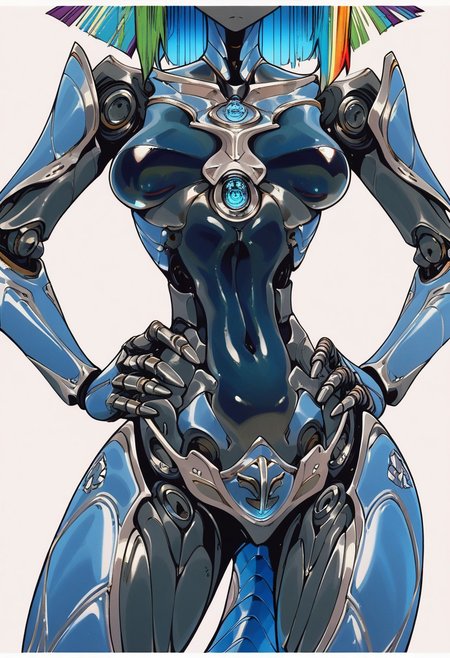 ng_deepnegative_v1_64t, score_9, score_8_up, score_7_up, Expressiveh, very detailed, high quality, solo, 1 beautiful pony girl, hands on hip, metallic, blue metallic body, iridescent rainbow hair, perky breasts, dark blue glossy body, oiled, rainbow tail, close up, thick white outline, art noueveau, rainbows