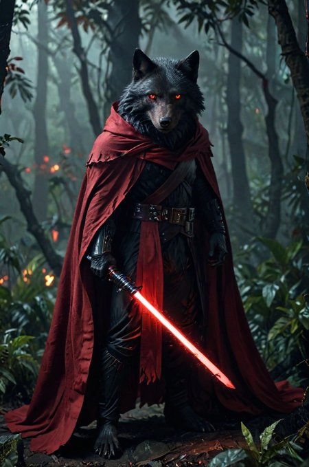 Wolf in fabric (black red clothes:1.2) in a (dark red:1.4) torned cape holding a bloody red glowing lightsaber, sharp focus, detailed hand grip  <lora:add-detail-xl:2.5>, show full body, menacing aura, realistic highly detailed jungle in the background, show wolf head<lora:sdxl_lightning_8step_lora:1>