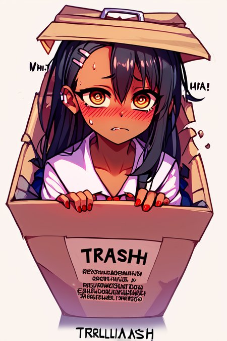score_9, score_8_up, score_8,   BREAK,  <lora:Trash_Waifu_PDXL:1.0>,  zzTrashWaifu, in trash can,   source_anime, hayase nagatoro, long hair, bangs, black hair, hair ornament, brown eyes, hairclip, fang, dark skin, dark-skinned female, tan, skirt, shirt, school uniform, white shirt, pleated skirt, nail polish, blue skirt, red nails, earclip,   sad, blush,  simple background, hair ornament, white background, hair between eyes, sweat,  shaded face, box, @_@,  cardboard box, gloom (expression), in box, red text, the word trash,  (text focus, the word trash:1),  BREAK,  embedding:zPDXL, Expressiveh,  <lora:CatalystStylePDXL:0.6>,  <lora:SDXLFaeTastic2400:0.5>,  <lora:Expressive_H-000001:0.4>,