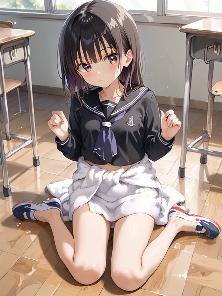 1girl,sailor_collar,black long_sleeves,black shirt,bare_legs,uwabaki shoes,on_floor,classroom,towel_around_waist,<lora:towel_around_waist:1>