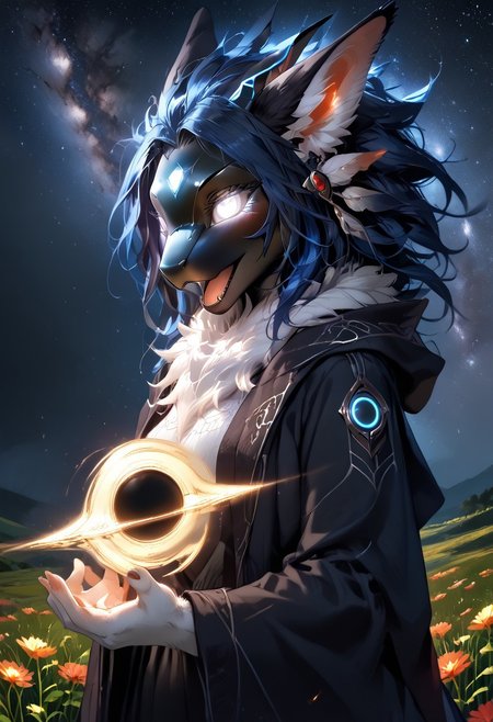 Expressiveh, masterpiece, raw quality, best quality, extremely detailed, stunning beautiful, high definition, HD, score_9, score_8_up, score_7_up, (female anthro dragon furred), fur, fur tail, black protogen mask, long ears, fluffed hair, thigh high, stockings, medium breast, folded wings, open mouth, (black fur, neck tuft, chest tuft, white eyes), sexy figure, outdoors, milky way, field, night, vivid colors, DNDFG, Detailed drawing, mythp0rt, Anime_Ecchi Style, Atmosphere: Moist, (intricate details), Illustration, beautiful detailed, (high resolution illustration), holding black hole, black hole in hand, black hole,