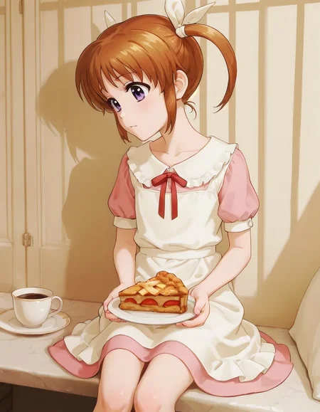 nsfw, highres, best quality, masterpiece, score 9 up, score 9, score 8 up, score 7 up, rating explicit, 1girl, lora:748cmSDXL:1, best quality, masterpiece, perfect composition, official art, 748cmstyle, 1girl, Expressiveh, In the streets of Paris, a young woman is sitting outside a charming patisserie. She is writing in a journal, a precisely cut \(triangular pie slice\) of deep golden \(apple pie slice\), rests on a white ceramic plate, slight caramelized lattice, A cup of espresso rests next to pie plate.  Soft morning light, pastel color tones, ExpresHGothicNeonIncase, ApplePie, Nanoha, nanoha