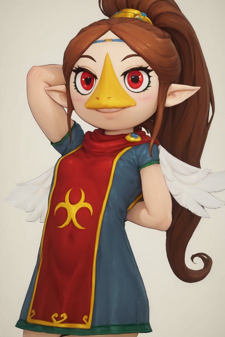 score_9, score_8_up, score_8, medium breasts,(curvy), cute, eyelashes,       BREAK, , ,,, <lora:MedliZelda_PDXL_v2:0.8>, zzMedli, solo, 1girl, brown hair, beak, pointy ears, bird, long hair, long hair, red eyes, ponytail, blue dress, red tabard,, ,,, <lora:Afrobull_PDXL_v5:0.8>,  ,,,, BREAK, smile, looking at viewer, hip to the side, contrapposto, embedding:zPDXL, Expressiveh, <lora:SDXLFaeTastic2400:0.5>, <lora:Expressive_H-000001:0.4>,